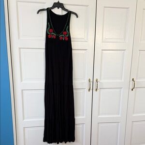 Black Maxi Dress with Red Floral Embroidery